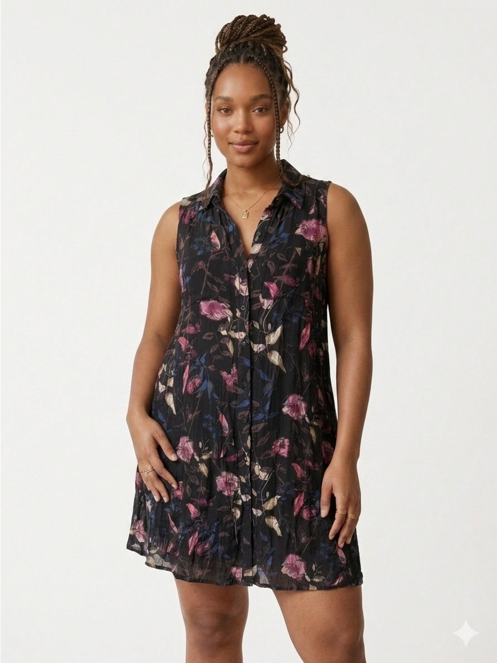 Mossimo Dark Floral Buttondown Sleeveless Collared Dress Large